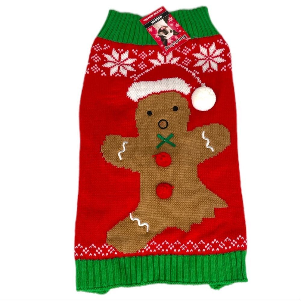 SimplyDog A Bite Out of a Gingerbread Man Dog Sweater, Red, Green, Medium